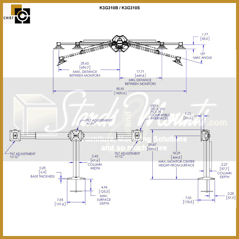Chief Kontour Monitor Mount Array K3G310S, triple-monitor desk mount technical dimensions diagram