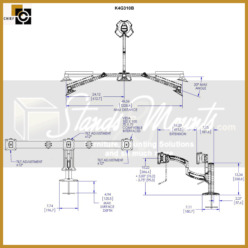 Chief Kontour Mount Array K4G310B, curved three-monitor desk mount dimensions diagram
