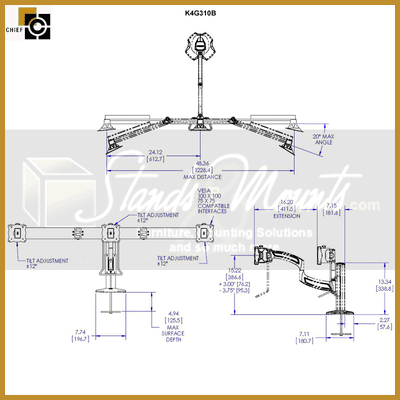 Chief Kontour Mount Array K4G310B, curved three-monitor desk mount dimensions diagram