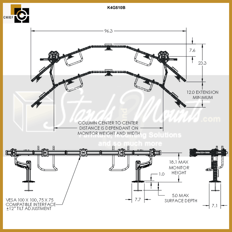 Chief Kontour Mount Array K4G510B, multi-monitor desk mount dimensions diagram