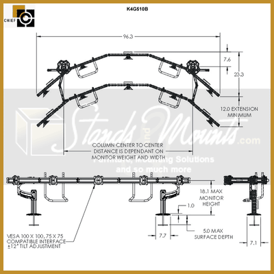 Chief Kontour Mount Array K4G510B, multi-monitor desk mount dimensions diagram