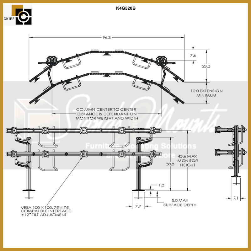 Chief Kontour Mount Array K4G520B, dual curved monitor arm mount dimensions diagram