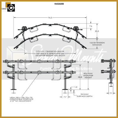 Chief Kontour Mount Array K4G520B, dual curved monitor arm mount dimensions diagram