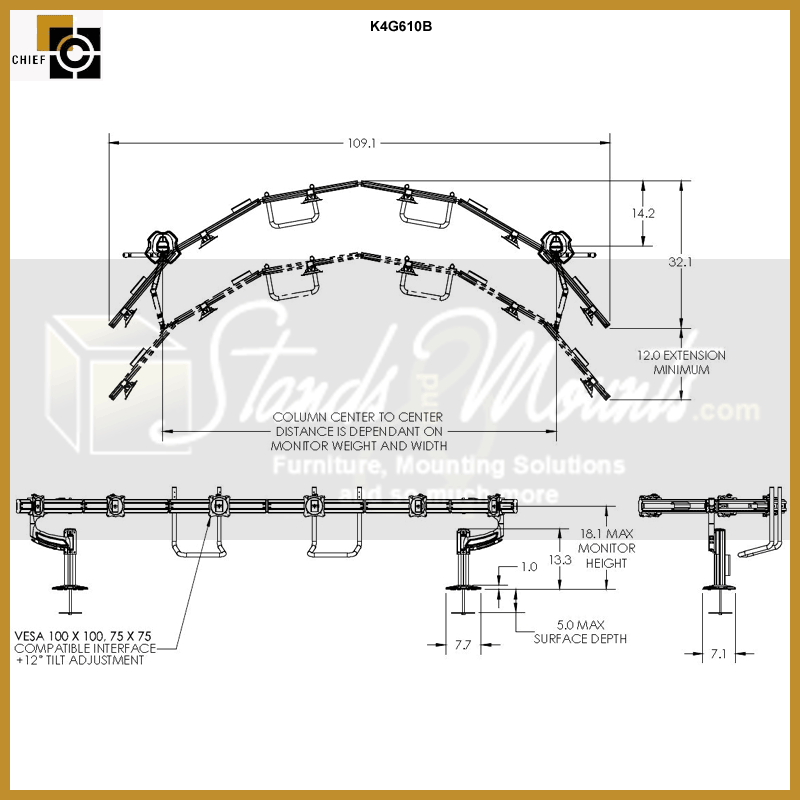 Chief Kontour Mount Array K4G610B, curved triple-display ceiling mount dimensions diagram