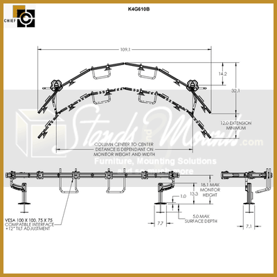 Chief Kontour Mount Array K4G610B, curved triple-display ceiling mount dimensions diagram
