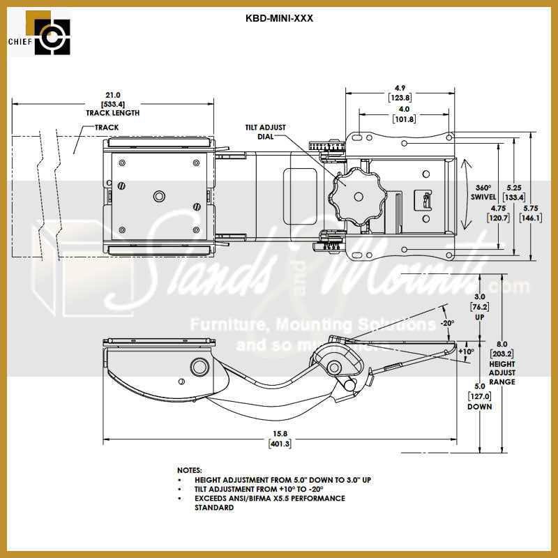 Chief Mini Arm Keyboard Tray KBD-MINI-27F, articulating keyboard tray dimensions diagram