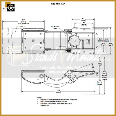 Chief Mini Arm Keyboard Tray KBD-MINI-27F, articulating keyboard tray dimensions diagram