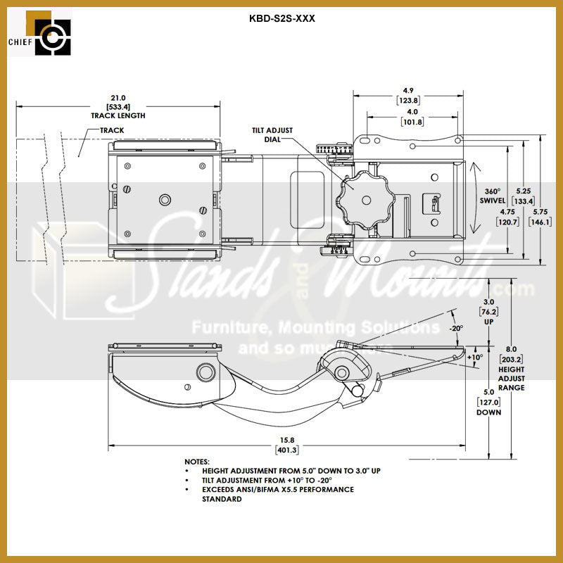 Chief Sit Stand Arm Keyboard Tray KBD-S2S-27F, keyboard tray dimensions diagram