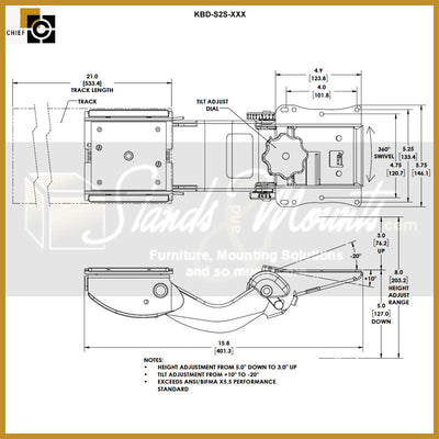 Chief Sit Stand Arm Keyboard Tray KBD-S2S-27F, keyboard tray dimensions diagram