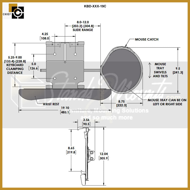 Chief Sit Stand Arm Keyboard Clamp KBD-S2S-19C, keyboard tray technical dimensions