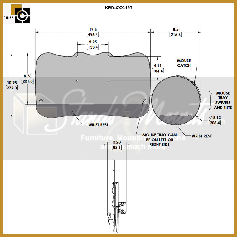 Chief Sit Stand Arm Keyboard Tray KBD-S2S-19T, keyboard and mouse tray dimensions diagram