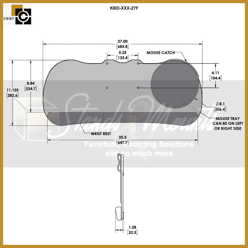 Chief Sit Stand Arm Keyboard Tray KBD-S2S-27F, keyboard tray dimensions diagram