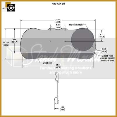 Chief Sit Stand Arm Keyboard Tray KBD-S2S-27F, keyboard tray dimensions diagram