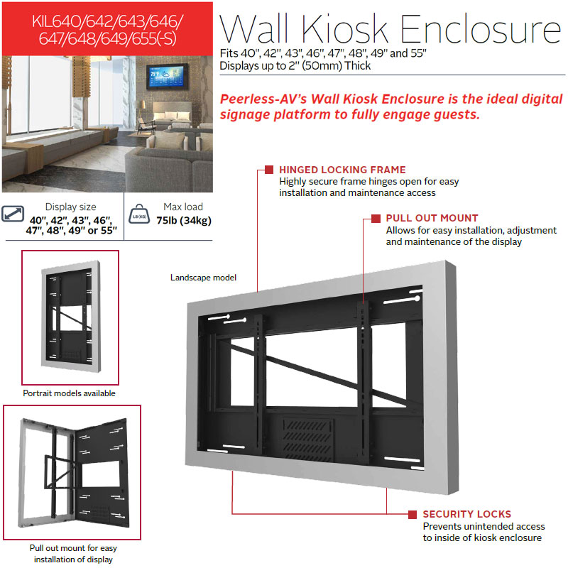 Peerless-AV Indoor Landscape Wall Kiosk Enclosure KIL655-S, wall kiosk enclosure features diagram