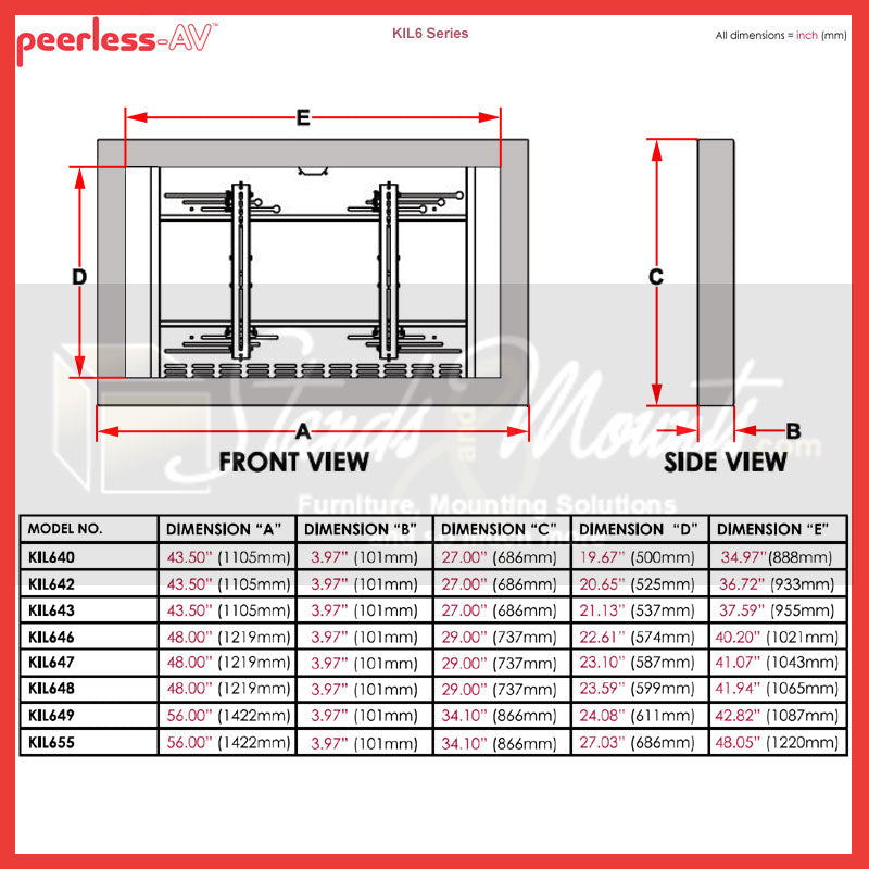 Peerless-AV Indoor Landscape Wall Kiosk Enclosure KIL655-S, wall kiosk enclosure dimensions chart