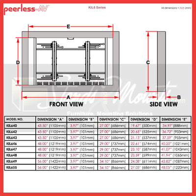 Peerless-AV Indoor Landscape Wall Kiosk Enclosure KIL655-S, wall kiosk enclosure dimensions chart