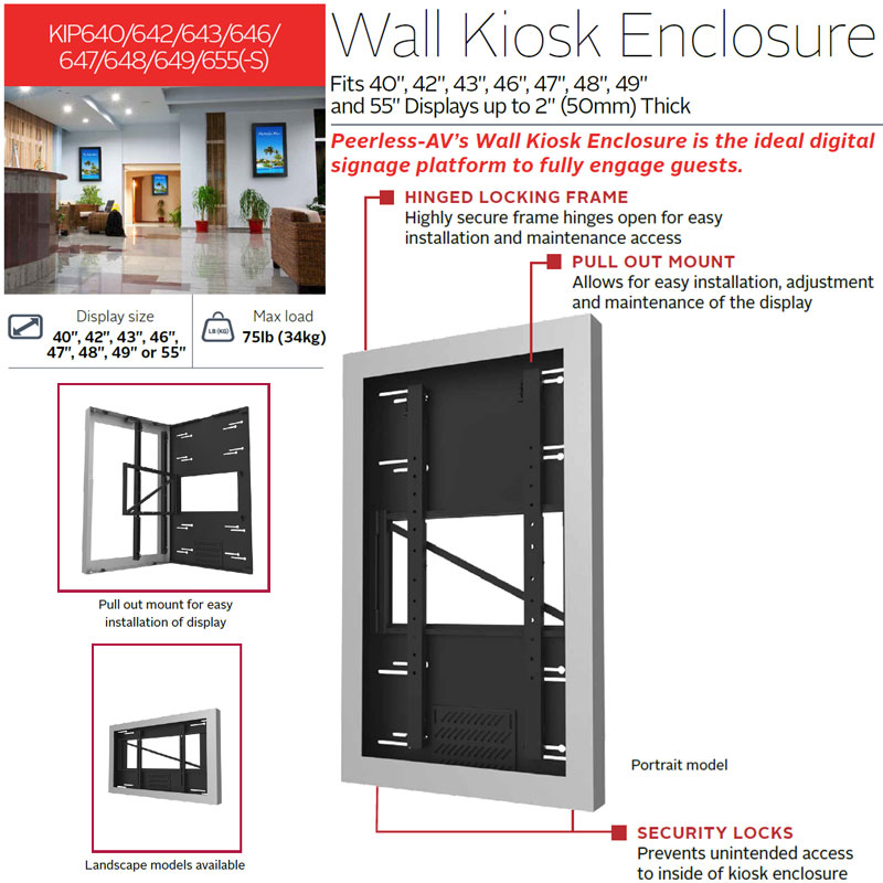 Peerless-AV Indoor Portrait Wall Kiosk Enclosure KIP655, wall kiosk enclosure feature diagram
