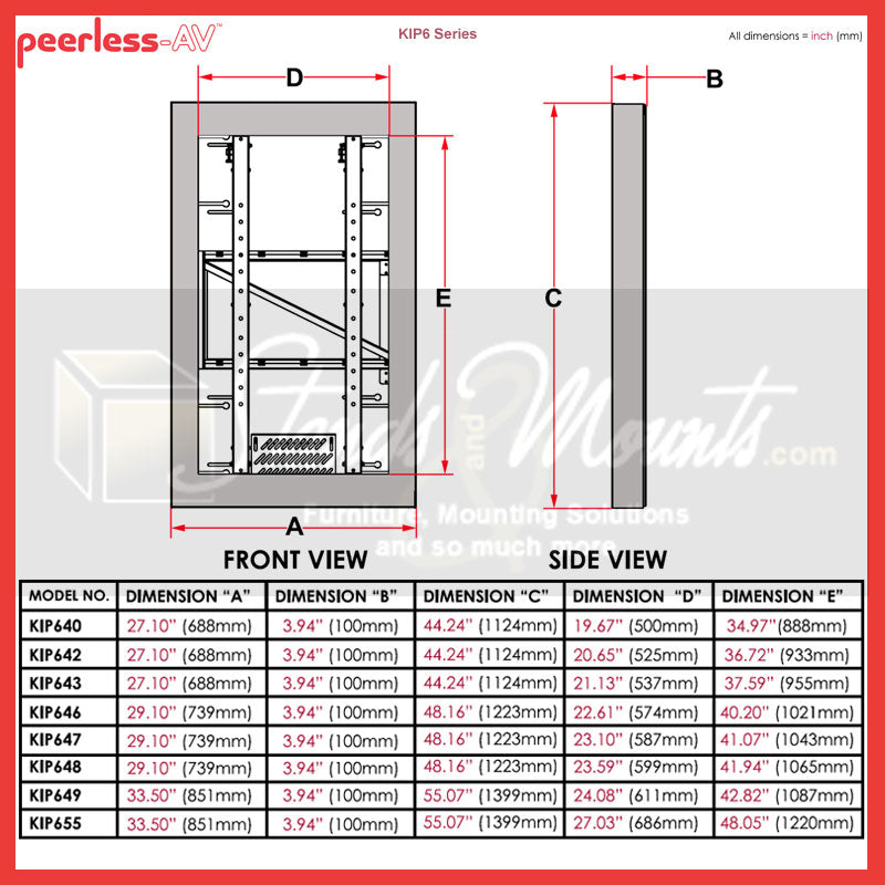 Peerless-AV Indoor Portrait Wall Kiosk Enclosure KIP655, wall kiosk enclosure technical dimensions