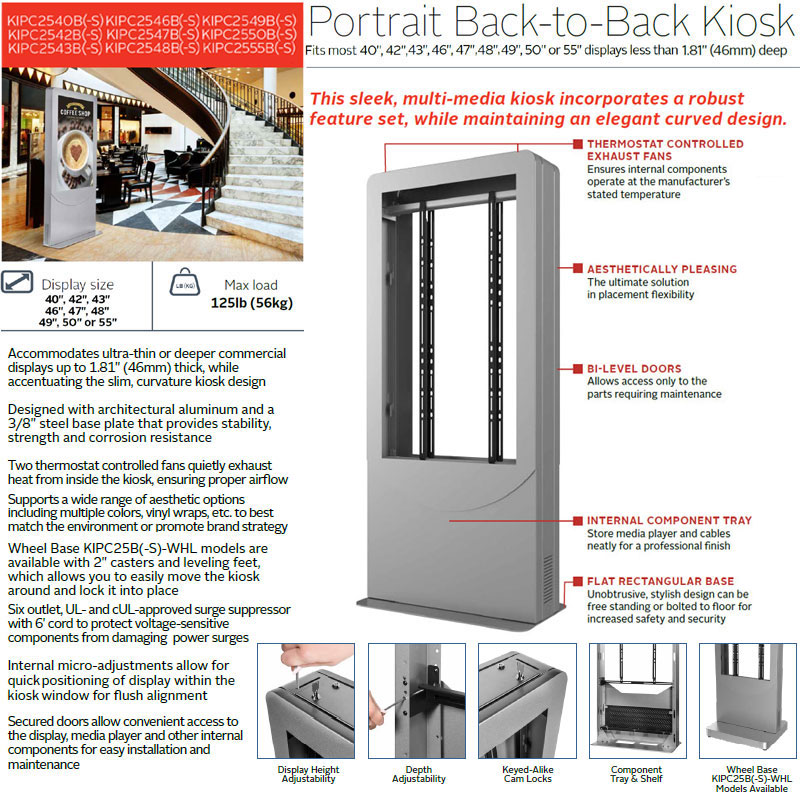 Peerless-AV Indoor Back-to-Back Portrait Kiosk KIPC2565B-S, dual-sided portrait kiosk feature diagram