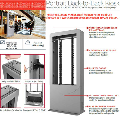 Peerless-AV Indoor Back-to-Back Kiosk KIPC2555B-S-3-WHL, portrait kiosk labeled cooling, storage, and adjustment features