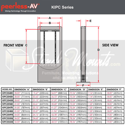 Peerless-AV Indoor Back-to-Back Portrait Kiosk KIPC2565B-S, dual-sided portrait kiosk dimensions diagram