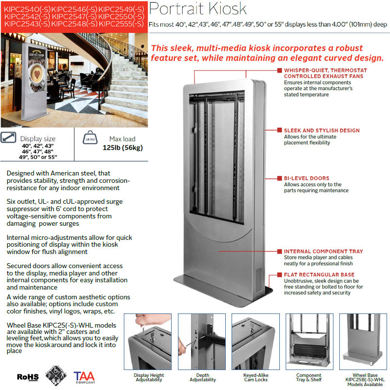 Peerless-AV Indoor Portrait Kiosk KIPC2555-S-WHL, portrait kiosk labeled cooling, security, and adjustment features