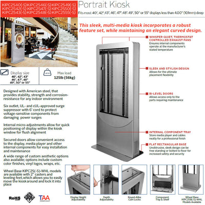 Peerless-AV Indoor Portrait Kiosk KIPC2555-S-WHL, portrait kiosk labeled cooling, security, and adjustment features