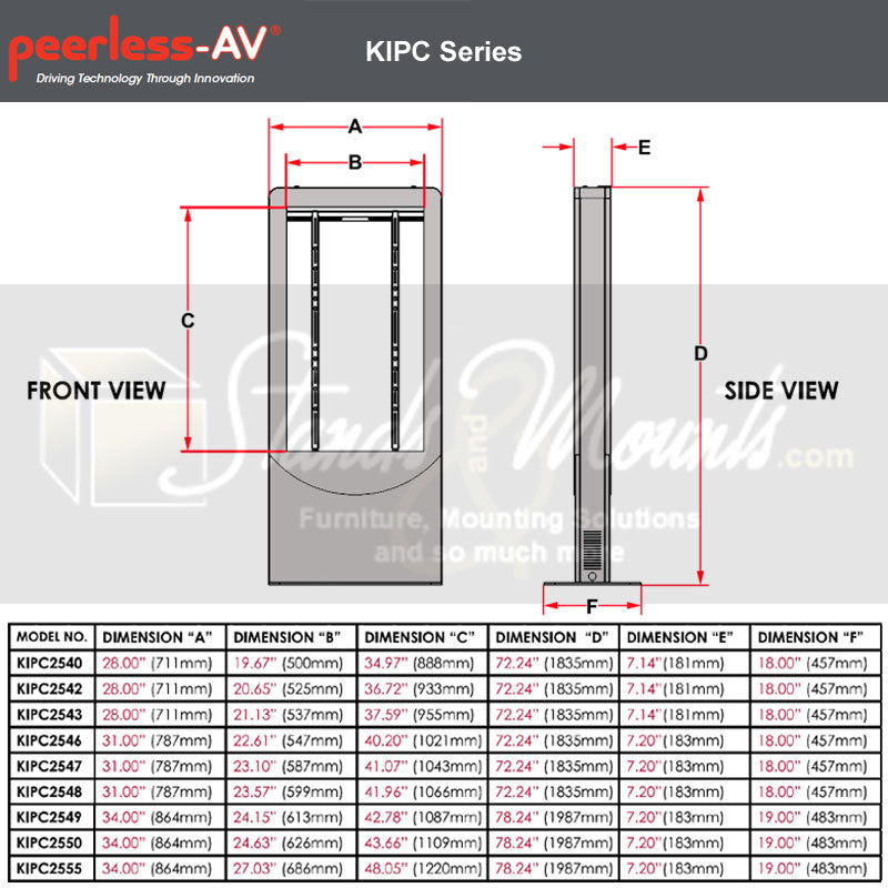 Peerless-AV Indoor Portrait Kiosk KIPC2555-S-WHL, portrait kiosk size comparison and dimensions table