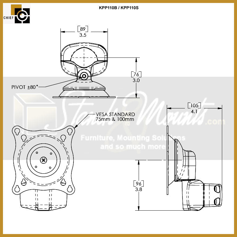 Chief Small Centris Pivot Pitch Pole Mount KPP110S, camera mount dimensions diagram
