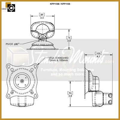 Chief Small Centris Pivot Pitch Pole Mount KPP110S, camera mount dimensions diagram