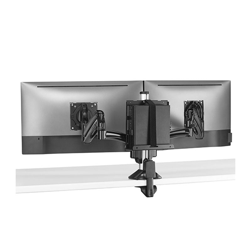 Chief Thin Client PC Mounting Accessory KRA232B, dual-monitor mount with secured center device rear view