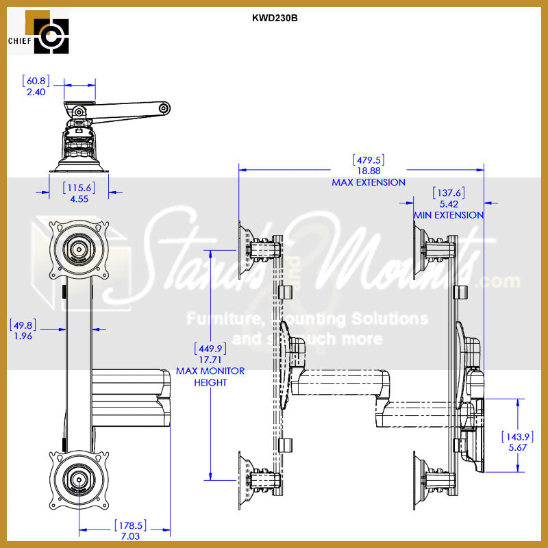 Chief Vertical Dual Arm Wall Mount KWD230B, dual-monitor desk mount technical dimensions diagram