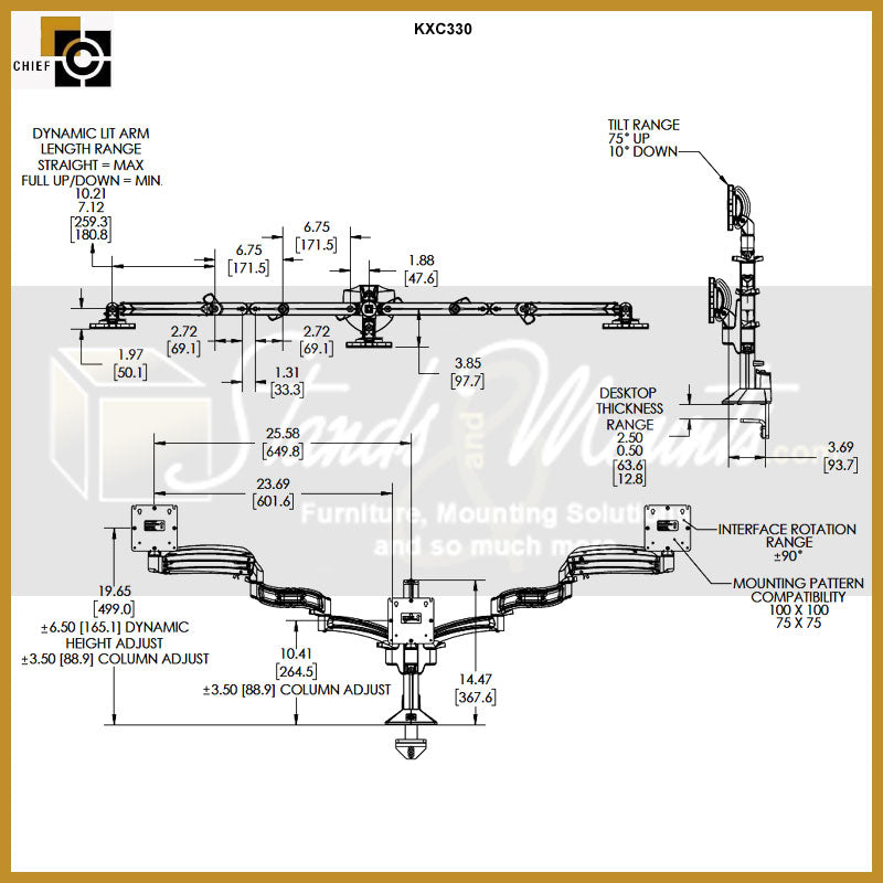 Chief Kontour Slim Dynamic Column Desk Mount KXC330S, dual-monitor arm technical dimensions diagram