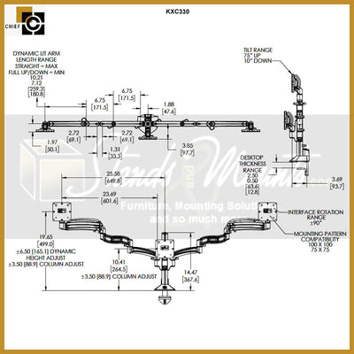 Chief Kontour Slim Dynamic Column Desk Mount KXC330S, dual-monitor arm technical dimensions diagram