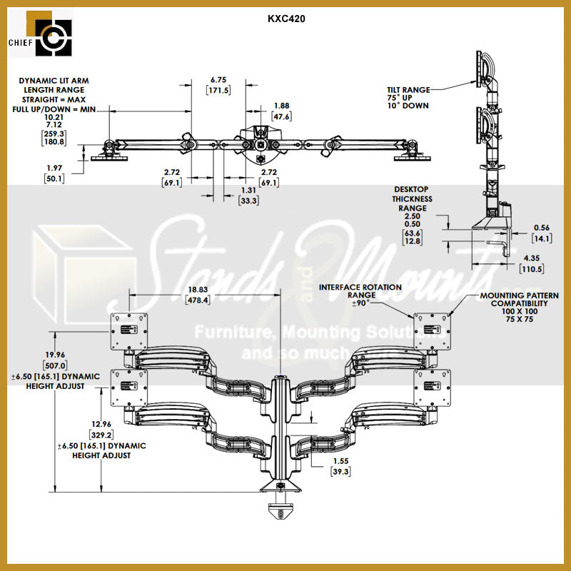 Chief Kontour Slim Dynamic Column Desk Mount KXC420S, dual-arm display mount dimensions and adjustment-range diagram