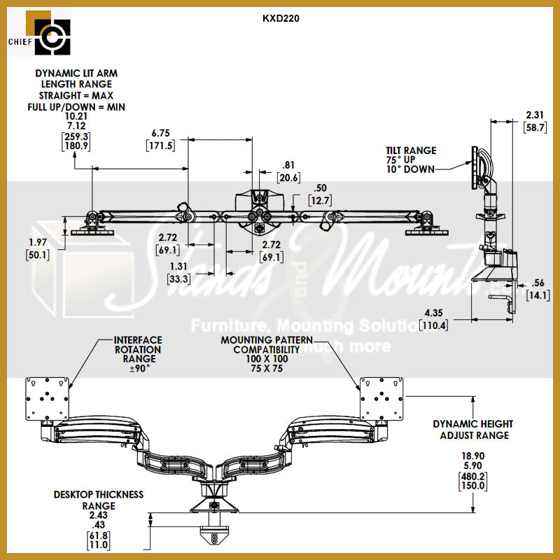 Chief Kontour Slim Dynamic Desk Mount KXD220B, dual-monitor arm dimensions diagram