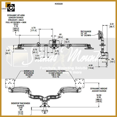 Chief Kontour Slim Dynamic Desk Mount KXD220B, dual-monitor arm dimensions diagram