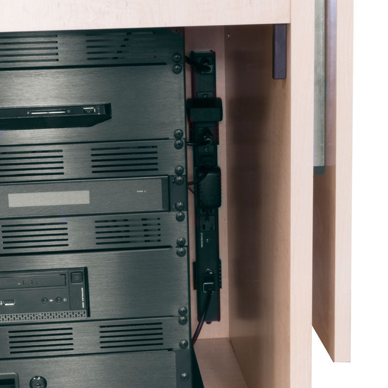 Middle Atlantic L2 Lectern L2LDC2CCMGE, lectern interior rack rail and power strip detail