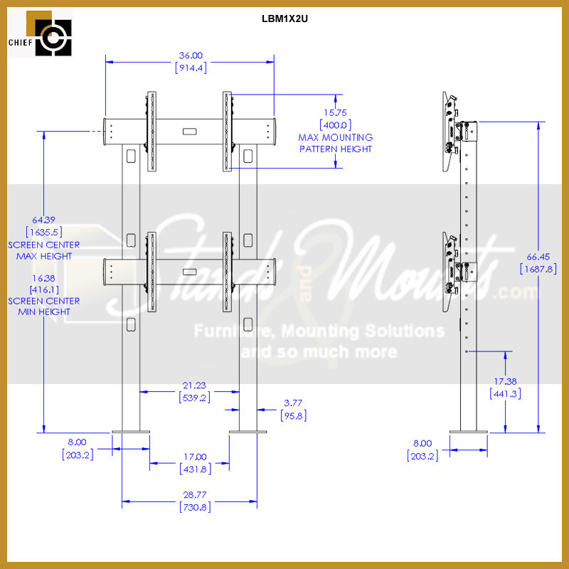 Chief FUSION Bolt Down Video Wall Stand LBM1X2U, dual-display cart dimensions diagram