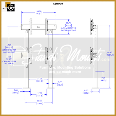 Chief FUSION Bolt Down Video Wall Stand LBM1X2U, dual-display cart dimensions diagram