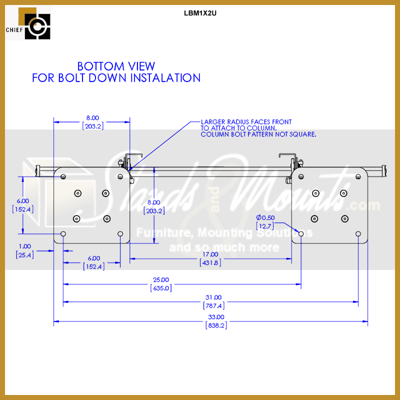 Chief FUSION Bolt Down Video Wall Stand LBM1X2U, display cart base dimensions and bolt-down diagram