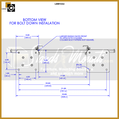 Chief FUSION Bolt Down Video Wall Stand LBM1X2U, display cart base dimensions and bolt-down diagram