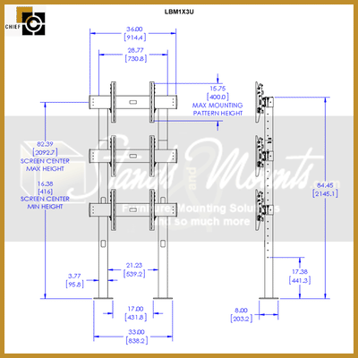 Chief FUSION Bolt Down Video Wall Stand LBM1X3U, mobile display cart technical dimensions