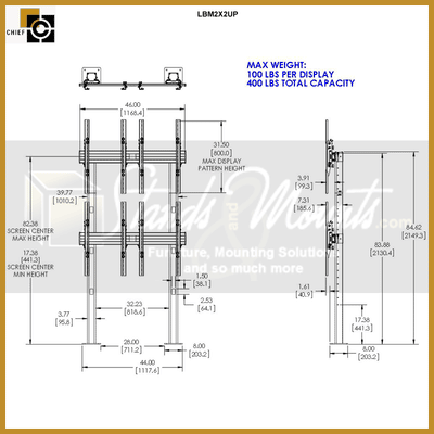 Chief FUSION Bolt Down Video Wall Stand LBM2X2UP, triple-display ceiling mount dimensions diagram