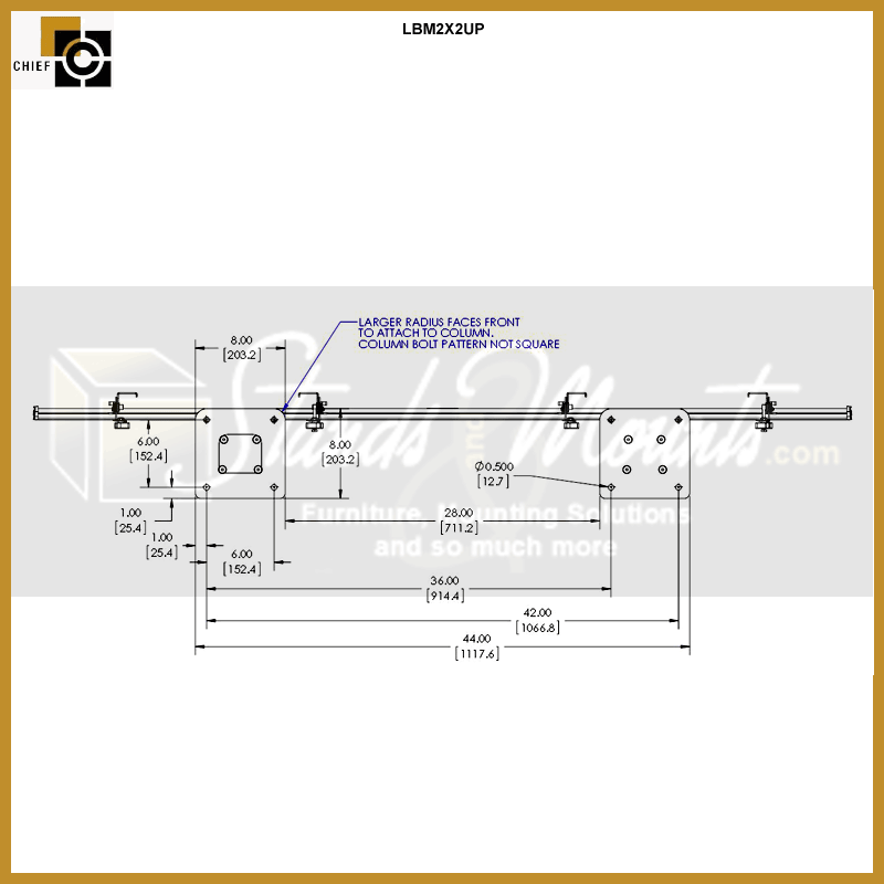 Chief FUSION Bolt Down Video Wall Stand LBM2X2UP, triple-display ceiling mount side dimensions diagram