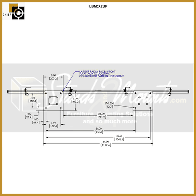 Chief FUSION Bolt Down Video Wall Stand LBM3X2UP, triple-display ceiling mount side dimensions diagram