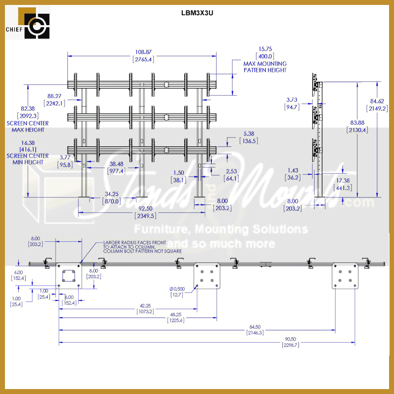 Chief FUSION Bolt Down Video Wall Stand LBM3X3U, triple-display ceiling mount dimensions diagram