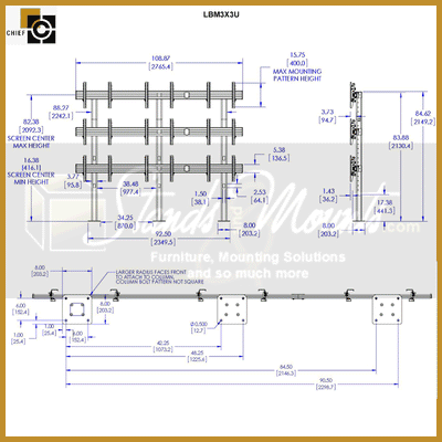 Chief FUSION Bolt Down Video Wall Stand LBM3X3U, triple-display ceiling mount dimensions diagram