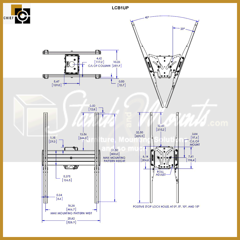Chief FUSION Flat Panel Ceiling Mount LCB1UP, ceiling dual-display mount technical dimensions diagram