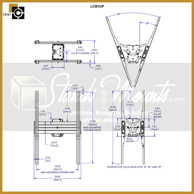 Chief FUSION Flat Panel Ceiling Mount LCB1UP, ceiling dual-display mount technical dimensions diagram